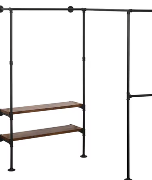 Industriële Wandkast met Kledingrek en 2 Planken – Hoekkledingkast van Staal en Hout (130,5×187×130,5 cm)