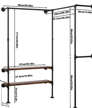 Industriële Wandkast met Kledingrek en 2 Planken – Hoekkledingkast van Staal en Hout (130,5×187×130,5 cm)