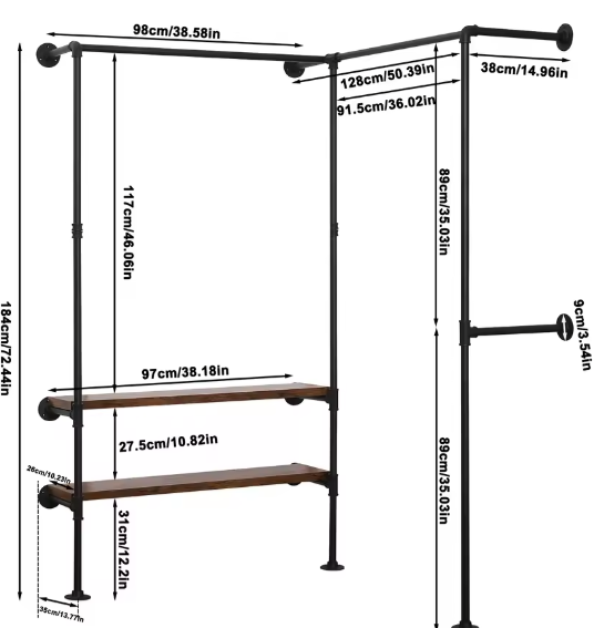 Industriële Wandkast met Kledingrek en 2 Planken – Hoekkledingkast van Staal en Hout (130,5×187×130,5 cm)