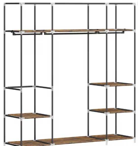Vrijstaande Stoffen Kledingkast met 3 Kledingrails en Metalen Frame – Ruime Organizer met Stoffen Planken en 9 Compartimenten