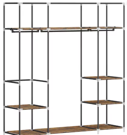 Vrijstaande Stoffen Kledingkast met 3 Kledingrails en Metalen Frame – Ruime Organizer met Stoffen Planken en 9 Compartimenten