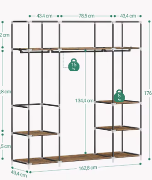 Vrijstaande Stoffen Kledingkast met 3 Kledingrails en Metalen Frame – Ruime Organizer met Stoffen Planken en 9 Compartimenten