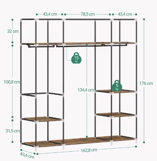 Vrijstaande Stoffen Kledingkast met 3 Kledingrails en Metalen Frame – Ruime Organizer met Stoffen Planken en 9 Compartimenten