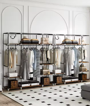 Vrijstaande Stoffen Kledingkast met 3 Kledingrails en Metalen Frame – Ruime Organizer met Stoffen Planken en 9 Compartimenten