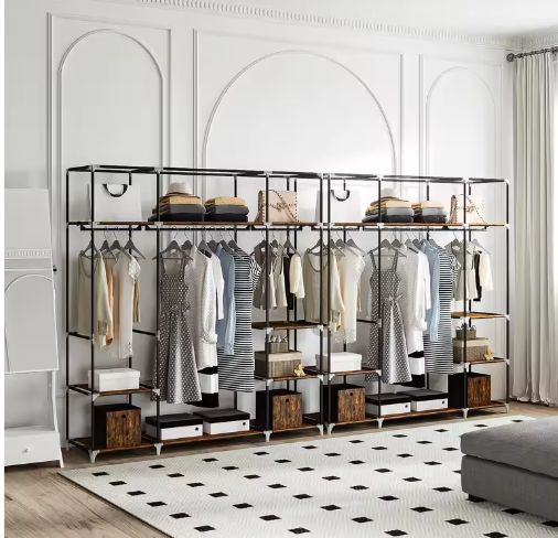 Vrijstaande Stoffen Kledingkast met 3 Kledingrails en Metalen Frame – Ruime Organizer met Stoffen Planken en 9 Compartimenten