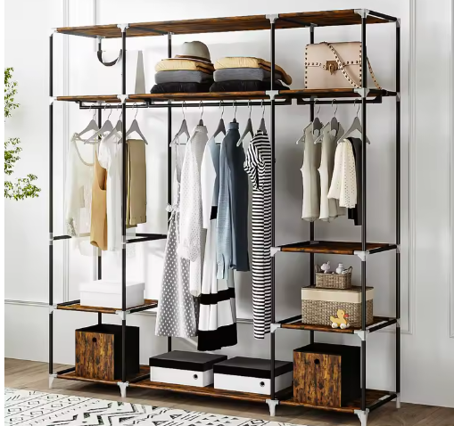 Vrijstaande Stoffen Kledingkast met 3 Kledingrails en Metalen Frame – Ruime Organizer met Stoffen Planken en 9 Compartimenten