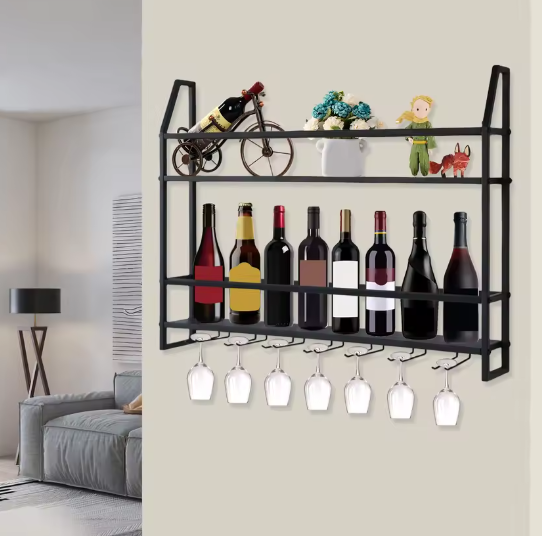 Industriële Wijnrek aan de Muur – Zwart Stalen Wijnhouder met 2 Planken & Glazenrek