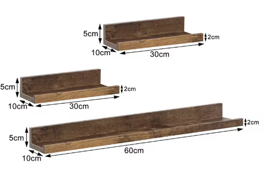 Vintage Bruine Wandplanken – Set van 3 Drijvende Planken voor Decoratie & Opslag