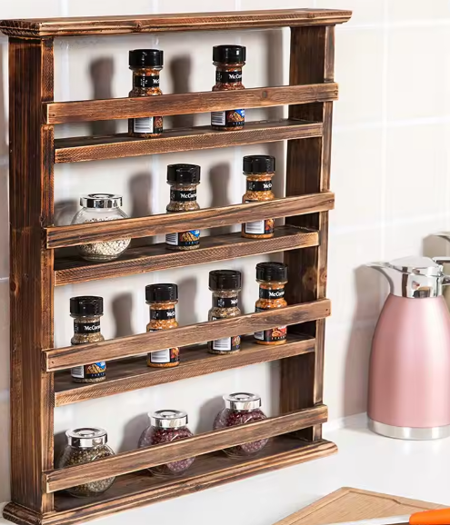 Zwevende Houten Opbergplank – 4-Lagen Kruidenrek voor Wandmontage