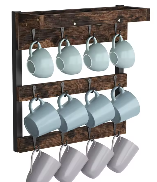 Wandgemonteerde Houten Koffiemokhouder – Organizer met 12 Haken