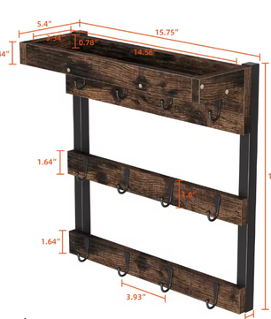 Wandgemonteerde Houten Koffiemokhouder – Organizer met 12 Haken