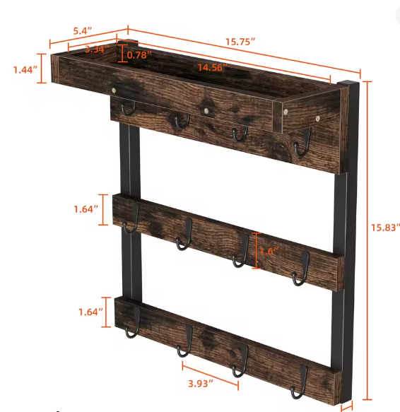 Wandgemonteerde Houten Koffiemokhouder – Organizer met 12 Haken