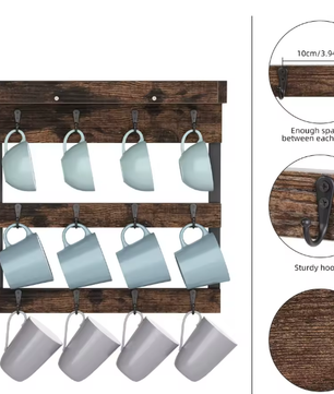 Wandgemonteerde Houten Koffiemokhouder – Organizer met 12 Haken