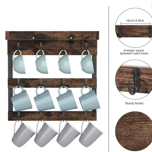 Wandgemonteerde Houten Koffiemokhouder – Organizer met 12 Haken
