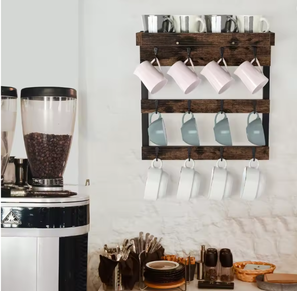 Wandgemonteerde Houten Koffiemokhouder – Organizer met 12 Haken