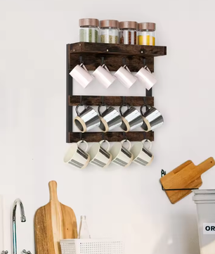 Wandgemonteerde Houten Koffiemokhouder – Organizer met 12 Haken