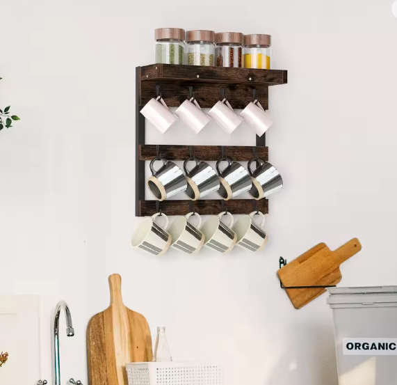 Wandgemonteerde Houten Koffiemokhouder – Organizer met 12 Haken