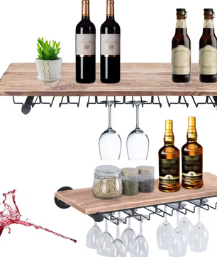 Wandgemonteerd Wijnrek – Rustiek Grenenhout met Glazenopslag