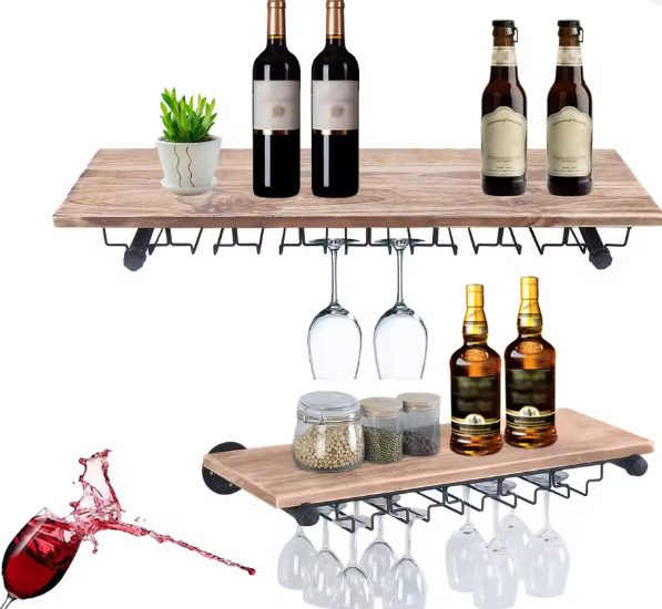 Wandgemonteerd Wijnrek – Rustiek Grenenhout met Glazenopslag