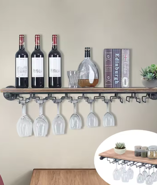 Wandgemonteerd Wijnrek – Rustiek Grenenhout met Glazenopslag