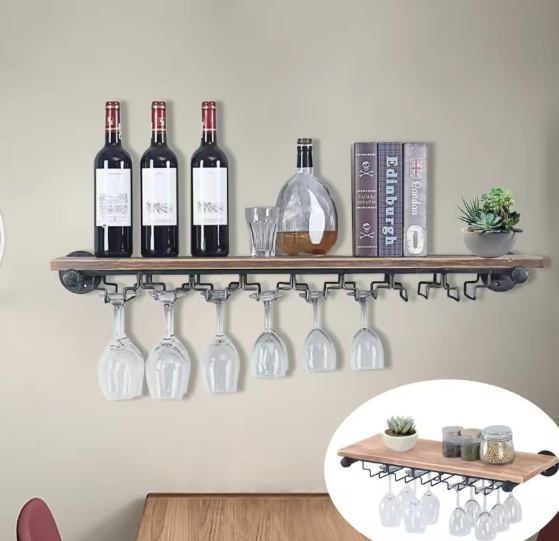 Wandgemonteerd Wijnrek – Rustiek Grenenhout met Glazenopslag