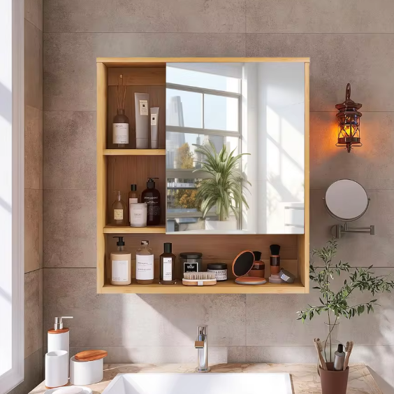 Natuurlijk Bamboe Muur Medicijnkastje – 5-laags Opbergplank met Spiegel