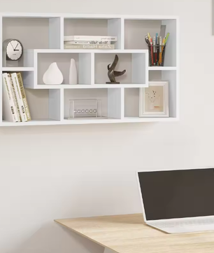 Witte Zwevende Wandplank met 8 Vakken – Moderne Boekenkast & Organizer 85×48×16 cm