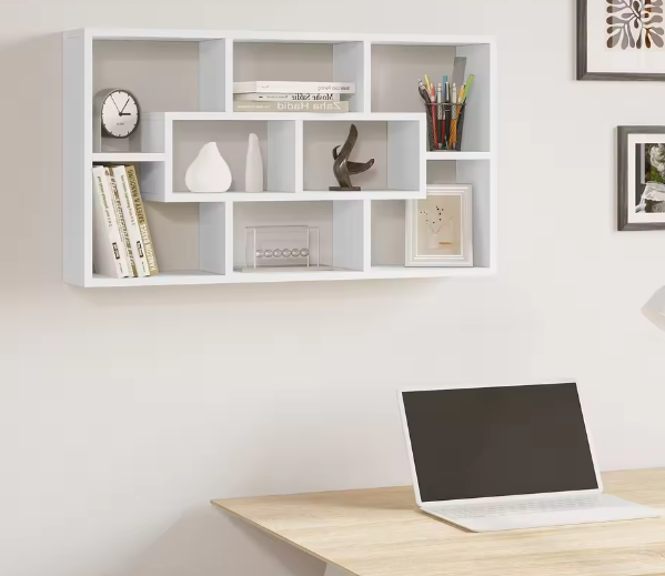 Witte Zwevende Wandplank met 8 Vakken – Moderne Boekenkast & Organizer 85×48×16 cm