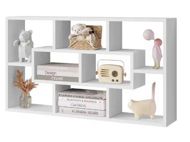 Witte Zwevende Wandplank met 8 Vakken – Moderne Boekenkast & Organizer 85×48×16 cm