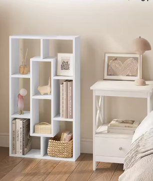 Witte Zwevende Wandplank met 8 Vakken – Moderne Boekenkast & Organizer 85×48×16 cm