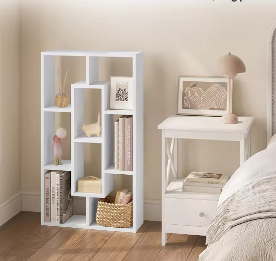 Witte Zwevende Wandplank met 8 Vakken – Moderne Boekenkast & Organizer 85×48×16 cm