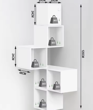 Moderne Hoek Wandplank met 6 Compartimenten – Witte Drijvende Kubusplank voor Boeken en Decoratie