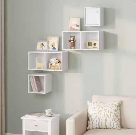 Moderne Hoek Wandplank met 6 Compartimenten – Witte Drijvende Kubusplank voor Boeken en Decoratie