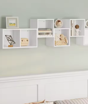 Moderne Hoek Wandplank met 6 Compartimenten – Witte Drijvende Kubusplank voor Boeken en Decoratie
