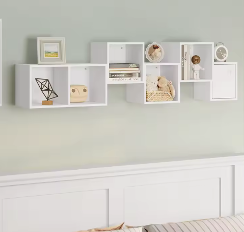 Moderne Hoek Wandplank met 6 Compartimenten – Witte Drijvende Kubusplank voor Boeken en Decoratie