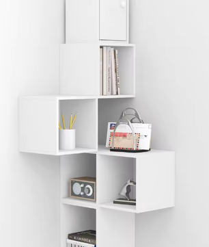 Moderne Hoek Wandplank met 6 Compartimenten – Witte Drijvende Kubusplank voor Boeken en Decoratie
