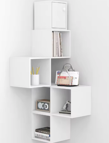 Moderne Hoek Wandplank met 6 Compartimenten – Witte Drijvende Kubusplank voor Boeken en Decoratie