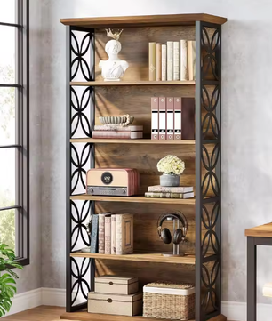 Vintage Boekenkast met 6 Lagen – Houten Displayrek voor Woonkamer, Slaapkamer en Kantoor