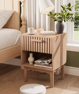 Set van 2 Boho Nachtkastjes met Lade en Open Planken – Moderne Houten Bijzettafels voor Slaapkamer of Woonkamer