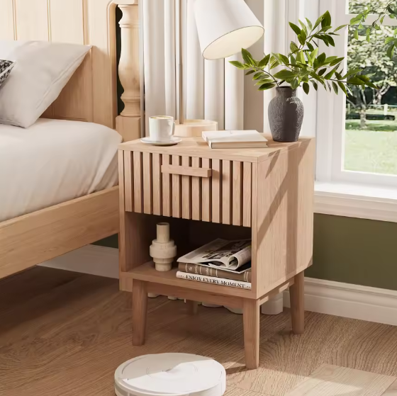 Set van 2 Boho Nachtkastjes met Lade en Open Planken – Moderne Houten Bijzettafels voor Slaapkamer of Woonkamer