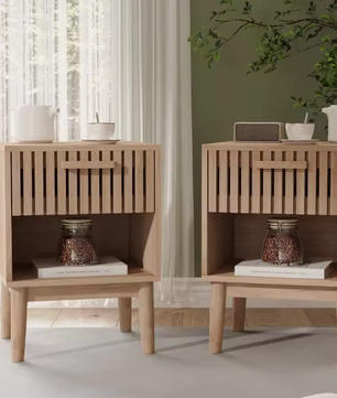 Set van 2 Boho Nachtkastjes met Lade en Open Planken – Moderne Houten Bijzettafels voor Slaapkamer of Woonkamer