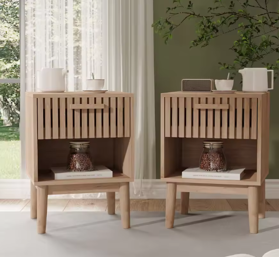 Set van 2 Boho Nachtkastjes met Lade en Open Planken – Moderne Houten Bijzettafels voor Slaapkamer of Woonkamer