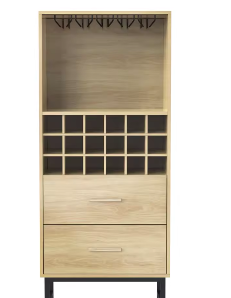 Moderne Wijnkast met 18 Vakken, Glazenhouder & Lades – Elegant Houten Dressoir met Zwarte Metalen Poten