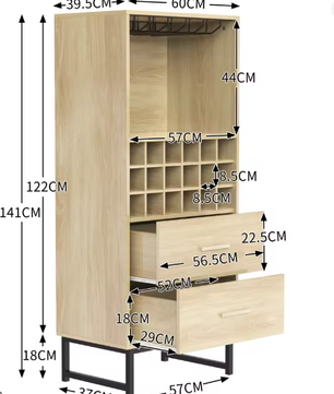 Moderne Wijnkast met 18 Vakken, Glazenhouder & Lades – Elegant Houten Dressoir met Zwarte Metalen Poten