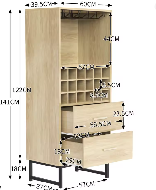 Moderne Wijnkast met 18 Vakken, Glazenhouder & Lades – Elegant Houten Dressoir met Zwarte Metalen Poten