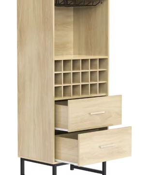 Moderne Wijnkast met 18 Vakken, Glazenhouder & Lades – Elegant Houten Dressoir met Zwarte Metalen Poten