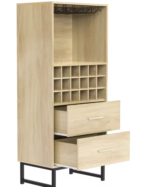 Moderne Wijnkast met 18 Vakken, Glazenhouder & Lades – Elegant Houten Dressoir met Zwarte Metalen Poten
