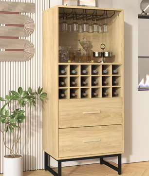 Moderne Wijnkast met 18 Vakken, Glazenhouder & Lades – Elegant Houten Dressoir met Zwarte Metalen Poten