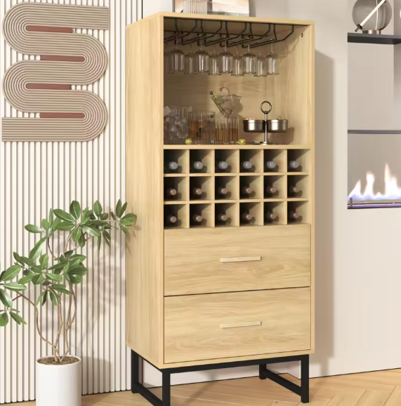 Moderne Wijnkast met 18 Vakken, Glazenhouder & Lades – Elegant Houten Dressoir met Zwarte Metalen Poten