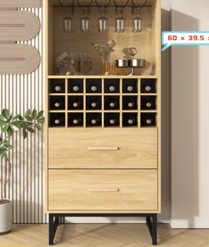 Moderne Wijnkast met 18 Vakken, Glazenhouder & Lades – Elegant Houten Dressoir met Zwarte Metalen Poten